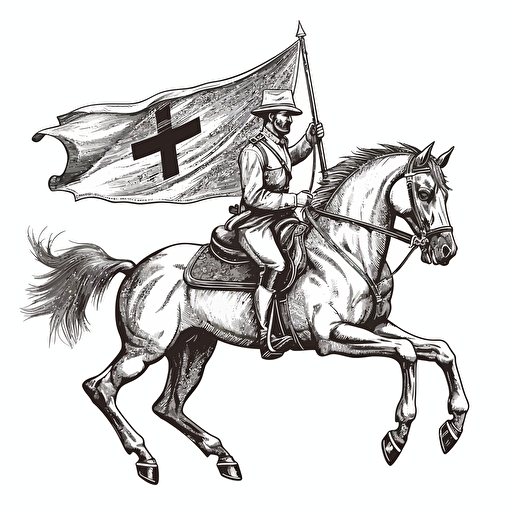 vector warhorse profile view gallop with confederate officer holding a musket, illustrated vector art for a flag, black and white, medieval style