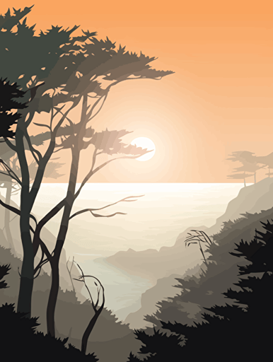 Big Sur coast during sunrise or sunset, hazy, fog covered trees, peaceful, mysterious, illustration, concept art, vector art, 2D