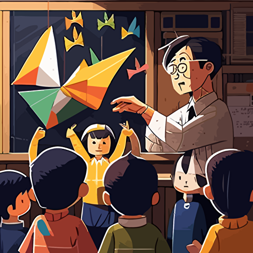 Influenced by the Japanese art of origami, create a vector illustration of Satoshi Nakamoto teaching a group of children how to fold paper cranes in a brightly decorated classroom. Set the scene during a fun and educational workshop.