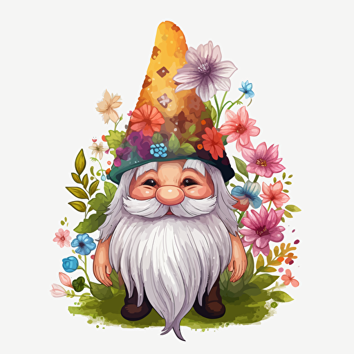 cute gnome, tribal, flowers, detailed, cartoon style, 2d watercolor clipart vector, creative and imaginative, hd, white background