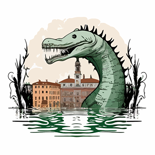 lochness monster in the canals of venice, vector logo, vector art, emblem, simple cartoon, 2d, no text, white background