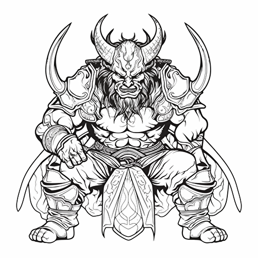 japanese demon samurai ignorant style No Shadow. Cartoon. Coloring page. Vector. Simple.