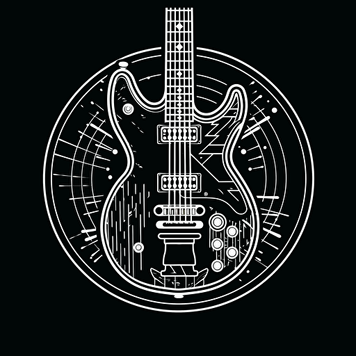 a band logo with velocity stacks on a guitar, white on black, clean vector