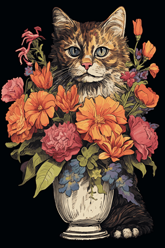 svg vector drawing of a beautiful cat near a vase full of flowers