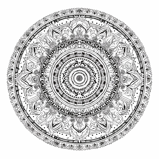 black and white line-art, colouring book, mandala of geometric patterns, vector-art, intricate detail