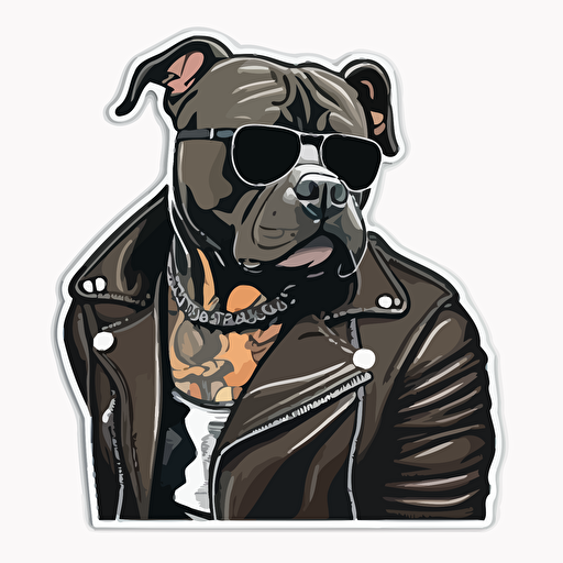 black pitbull in biker jacket, mike mignola style, white background, vector, full detailed sticker