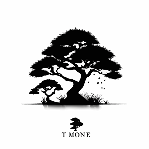 Logo, black tree silhouette on isolated white background, japanese word, hard edges, vector, anime style, minimalism