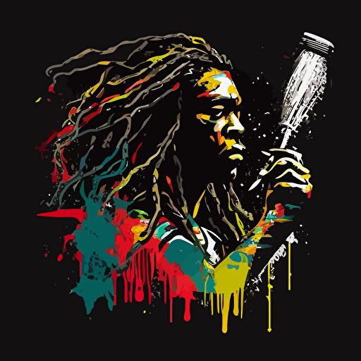 vector logo, black man with long dreadlocks holing a paintbrush painting, black background