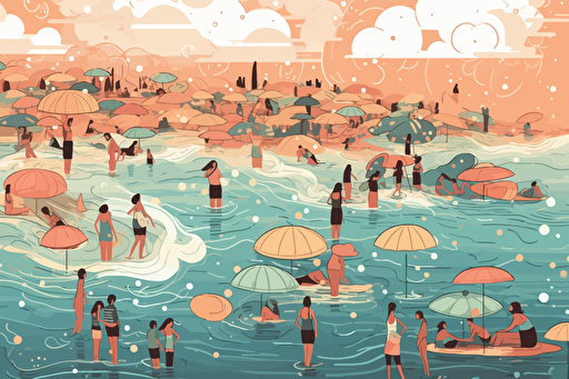 Flat vector-style :: A group of people at a beach :: The beach is filled with blue and magenta jellyfish floating in the water :: The shot is from a low angle, looking up at the group of people standing in the water and surrounded by jellyfish ::