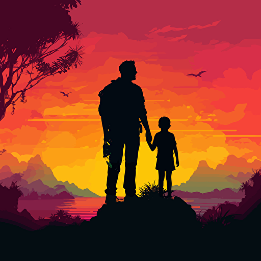 vector art, silouhette, a young child sitting on their dad's shoulders, as they look at the sunset. perspective from the back, fun colors and kid friendly vibes