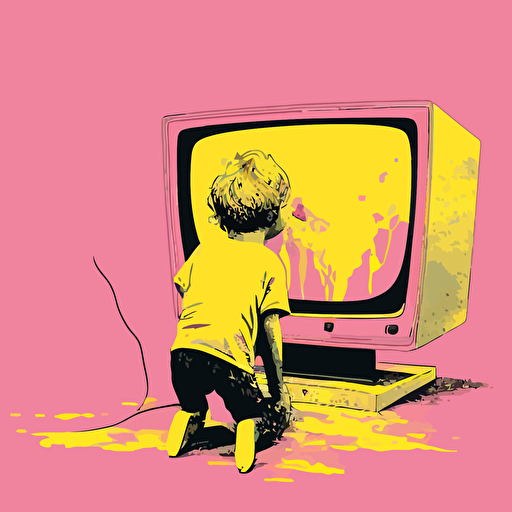 pink,yellow,vector,fantasy,young boy licking a TV