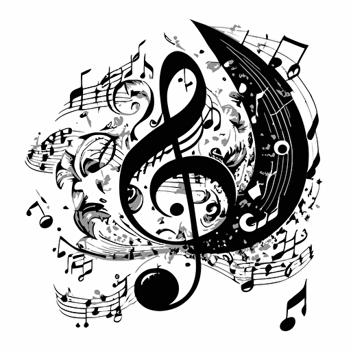BLACK AND WHITE HAND DRAWN MUSIC NOTES WITH YING YANGS VECTOR DOODLE