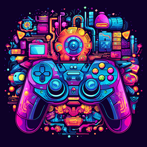 game controller, surrounded by information motifs, 2d vector, neon colours, epic composition, vector design on the edges of the image