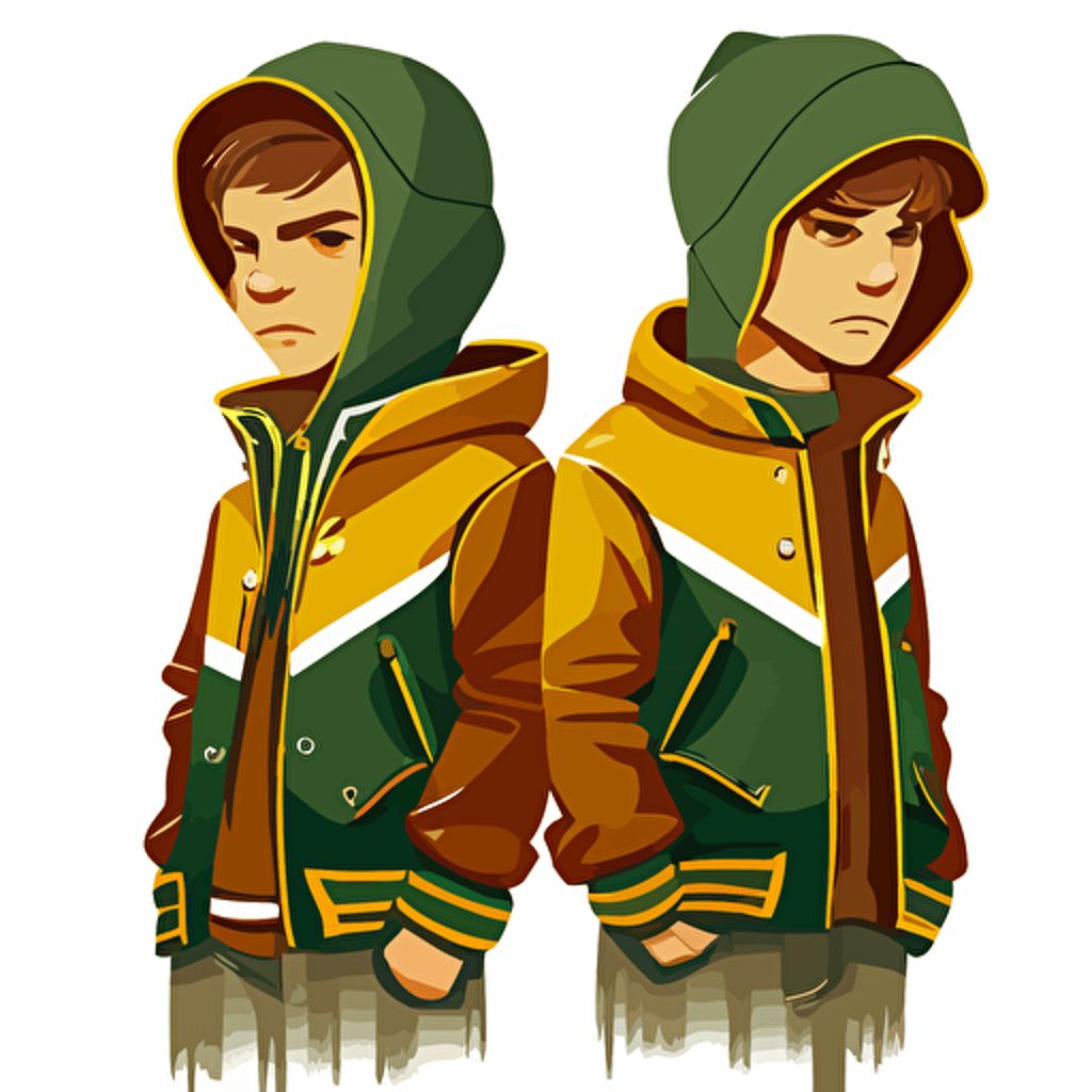 two brothers, Brozen Tundra, very cold, icy, looking tough,champions, wearing green and yellow, wearing an oblong brown football, sports logo style, white background, vector