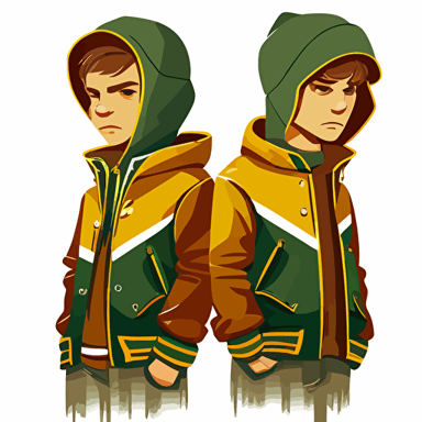 two brothers, Brozen Tundra, very cold, icy, looking tough,champions, wearing green and yellow, wearing an oblong brown football, sports logo style, white background, vector