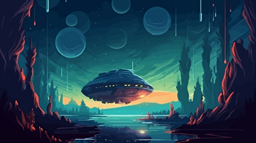 a space ship entering the atmosphere of an undiscovered jungle-like planet, the ships heats up as it enters the atmosphere of the planet, viewed from space, dramatic entry, flat vector illustration