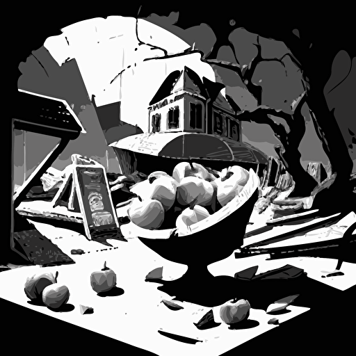 Black and WHite vector illustration of broken fruit stands in town