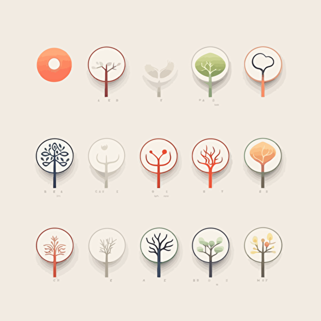 A series of clean, minimalistic logo concepts for a mind mapping app, showcasing stylized trees or branches with various thought bubbles or idea nodes connected to them. The flat vector style and subtle color palette convey the app's focus on providing a clear and organized way to visually structure thoughts and ideas.