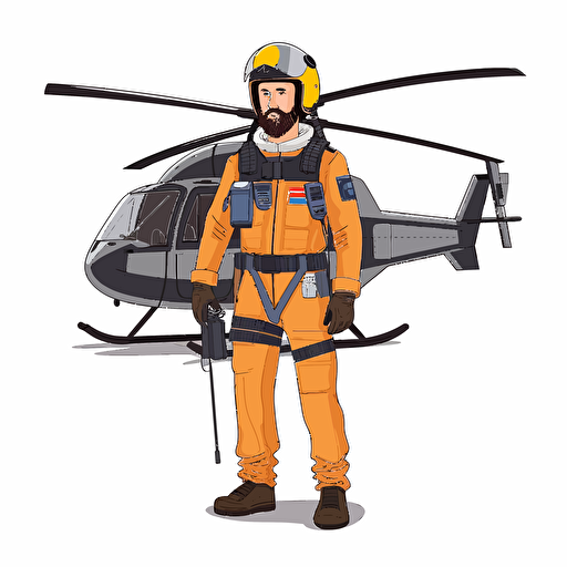 man with beard in a helicopter uniform and wearing a helmet standing in front of a helicopter. vector. white background. no background