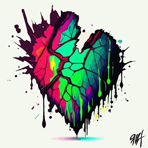 Asymmetrical and abstract vector illustration featuring broken heart, heart shape, intense colors, hand-drawn, pen and Ink style, layered, with glow-in-the-dark accent colors, white background