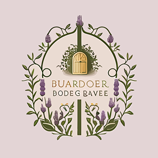 Create a logo for a boutique garden design agency specializing in small, magical gardens. The design should feature a small door or archway opening into a secret garden. The design should be a vector and should be versatile enough to be used anywhere. Add subtle, illustrative details around the door, such as vines, sprigs of thyme or lavender, or little bees and birds.