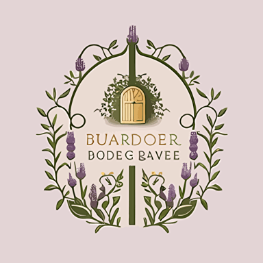 Create a logo for a boutique garden design agency specializing in small, magical gardens. The design should feature a small door or archway opening into a secret garden. The design should be a vector and should be versatile enough to be used anywhere. Add subtle, illustrative details around the door, such as vines, sprigs of thyme or lavender, or little bees and birds.