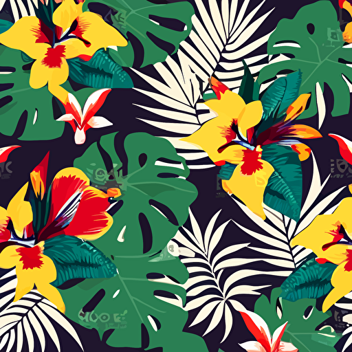 tropical flowers in a pattern, pop art, simple, high quality, vector