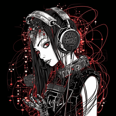 cybergoth dj cyborg attached to 20 cables, mixing the music expertly, japanese cybergoth style, design, 2d, vector