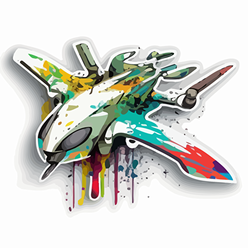 sticker, colorful battle drone flying, contour, vector, white background