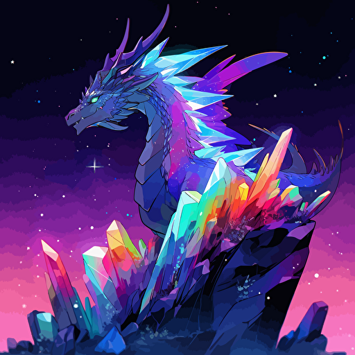 an enormous chromatic rainbow crystal dragon is looking at the viewer menacingly, asymmetrical background of burning forests and distant mountains, a sky full of stars, the milky way, detailed, style of bruce weber, frank frazetta, travis charest, moebius, granblue fantasy, vector, watercolors, oilpaints style, colored inks style