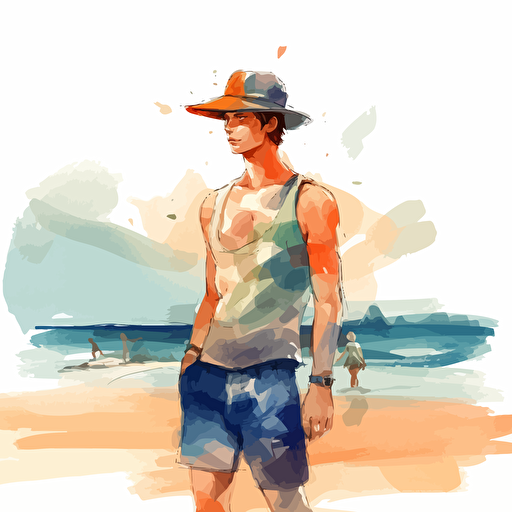 a muscular man 21 years old wearing shorts and a bucket hat, thougtful expression, approaching us along a lonely beach by the sea, summertime, vector:: oilpaints style, watercolors, colored inks style, style of bruce weber, makoto shinkai, robert mapplethorpe, leonid afremov, jojo's bizarre adventure
