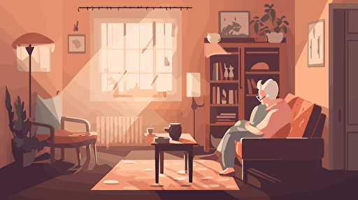 vector art, cute cosy livingroom, elderly couple sitting on the sofa reading a photobook, central perspective, illustrator, after effects, reduced color palette