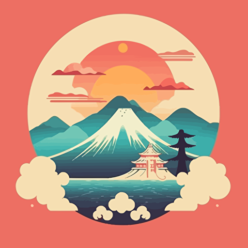 Flat vector media page logo with fuji hill and wave, retro, japanese style
