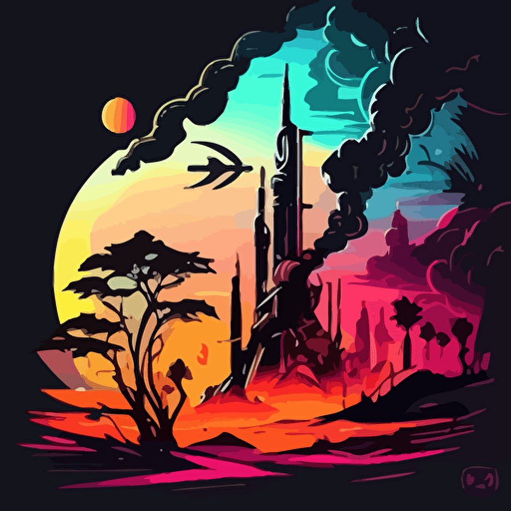 A professional high quality vector design of a Science Fiction environment in full spectrum of gradient colors, hyper detailed and black outlined