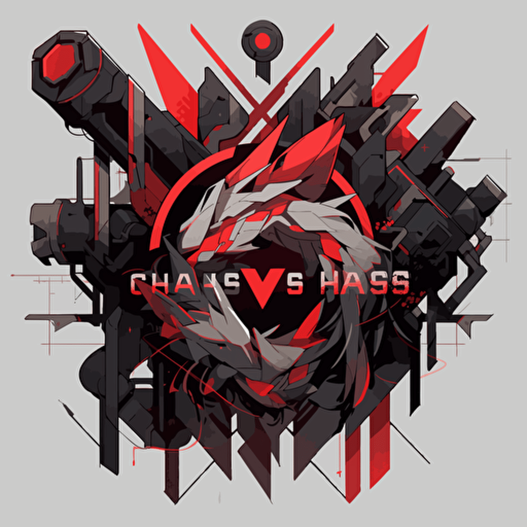 Chaos labs logo, video game company, clean, simple, vector, red and gray and black, dystopian