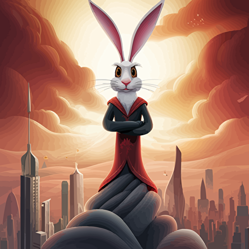 bugs bunny on top of burj khalifa, dark clouds, vector art
