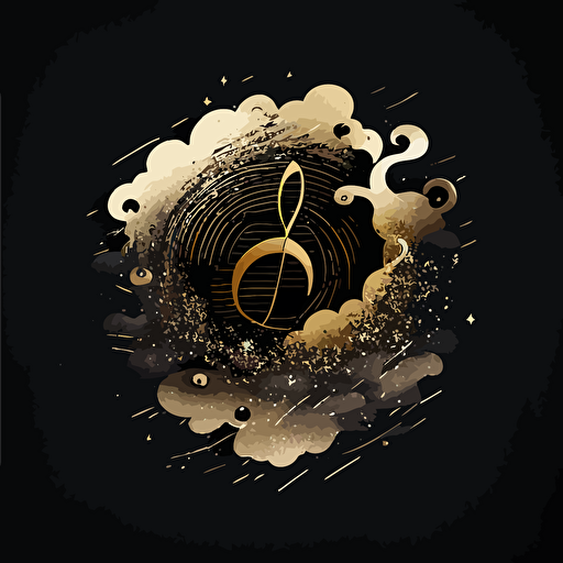 logo, minimalist, vectorized, gold, brass and black colors, print layer , delicacy, elegant, magic, music notes forming one big cloud
