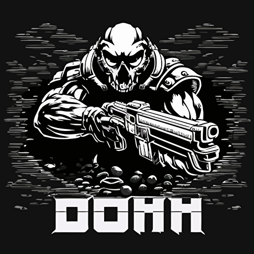 16bit DOOM shooter, white on black background, no shading, 2D, vector, 3:4