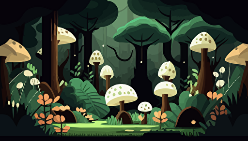 background image for a 2D game of a mushroom forest, in flat vector design style, inspired by backgrounds from Nintendo games like Super Mario,