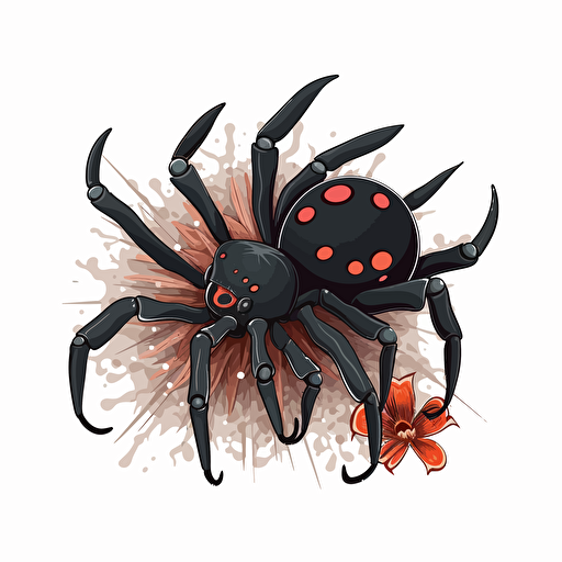 black widow spider, flowers, detailed, cartoon style, 2d clipart vector, creative and imaginative, hd, white background