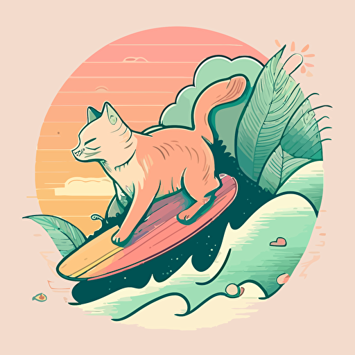 simple, vector art, vector, vector logo, 2d, surfer cat , Pastel, Cartoon, stylised