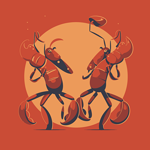 very simple logo for two dancin crayfish, retro, vector flat, PNG, SVG, flat shading, solid background, mascot, logo, vector illustration, masterwork, 2D, simple, illustrator