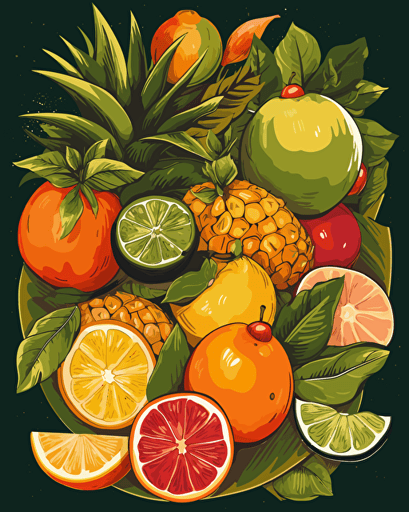 tropical fruits, retro aesthetics, vector image, sticker design, pantone color scheme: 12-1706 TCX, 12-0824 TCX, 15-0146 TCX, 15-1164 TCX, 16-6340 TCX, 17-4247 TCX, 18-2043 TCX, 19-6026 TCX. The final piece should exude a warm, holiday-like ambiance.