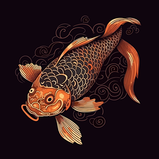 a koi fish orange colors, on black background, 2d vector
