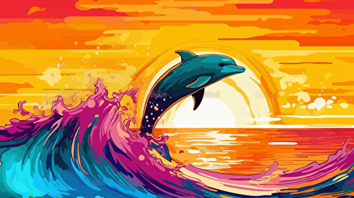 a dolphin jumping out from the sea, sunset,vibrant colors,vector ink art,detailed