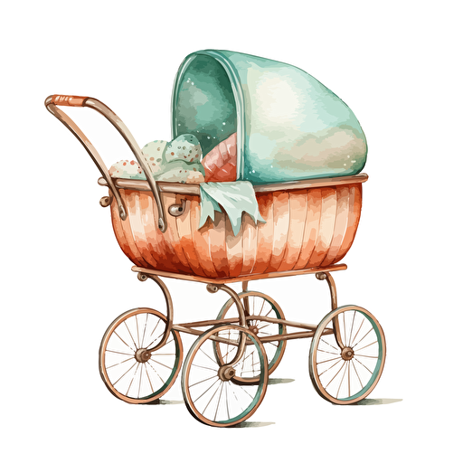 watercolor design of super cute wooden baby pram, detailed, vector