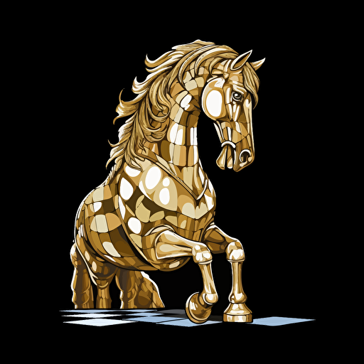a horse chess piece, vector art, gold and white color, black background