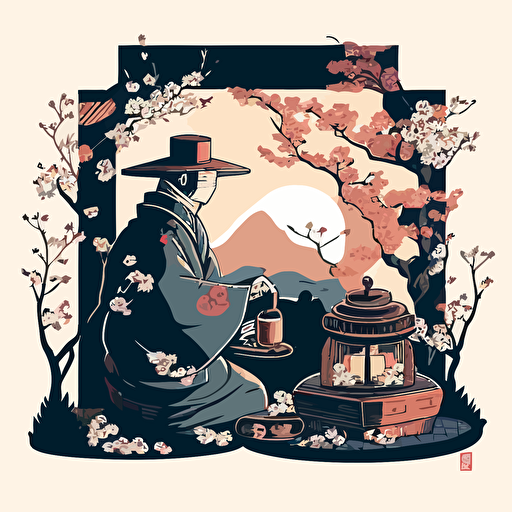 Inspired by traditional Japanese woodblock prints, create a vector illustration of Satoshi Nakamoto participating in a tea ceremony in a serene Japanese garden. Set the scene during a peaceful afternoon with cherry blossoms in bloom.