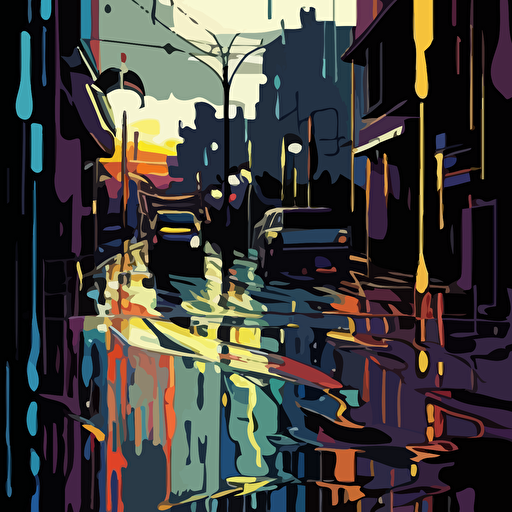 Drawing from Jackson Pollock's drip paintings, design a vector illustration of a bustling city street after a rainstorm, where the puddles reflect the colorful, abstract patterns created by the city lights. Set the scene during a twilight hour.