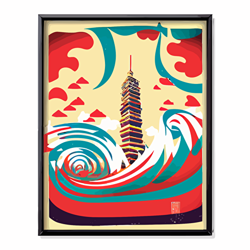 color vector art, rectangular taipei 101 , framed by swirls